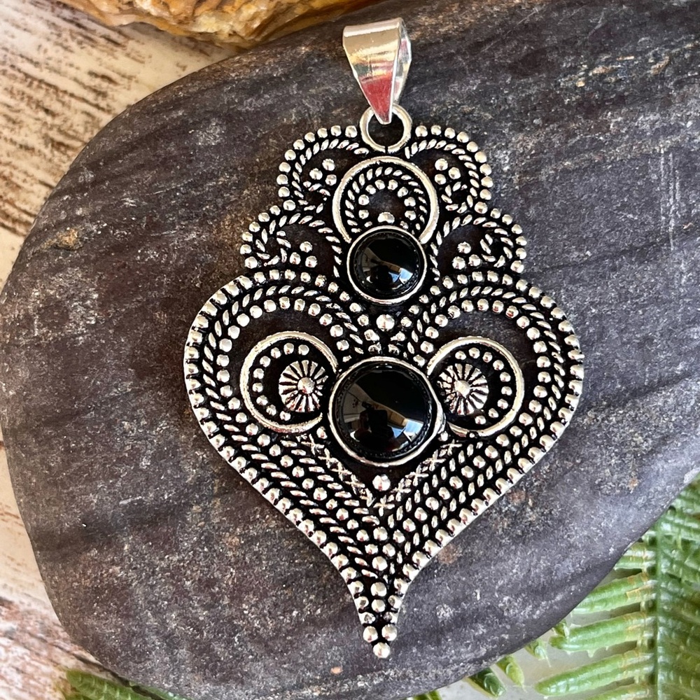 Natural Black Onyx Heart Gemstone 2.5” Silver Pendant - Picture 1 of 6